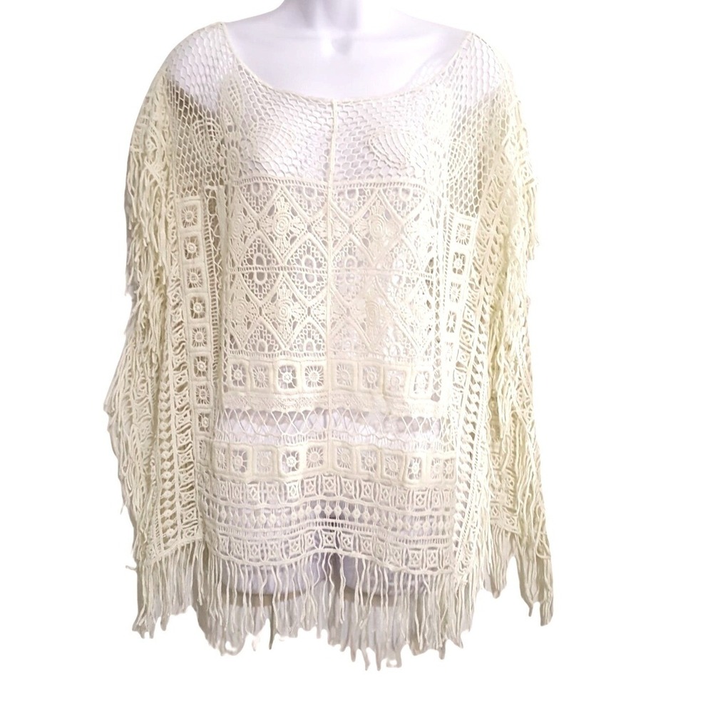 Cowgirl Justice Womens Blouse M Ivory Open Crochet Fringed Western Cottage